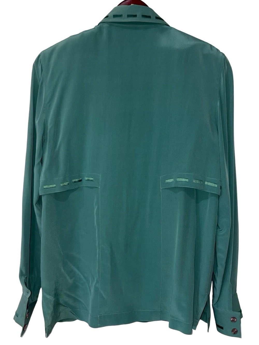 Vintage Blue Ice 100% Silk Green Blouse Shoulder Pads Size 4 - Picture 2 of 7